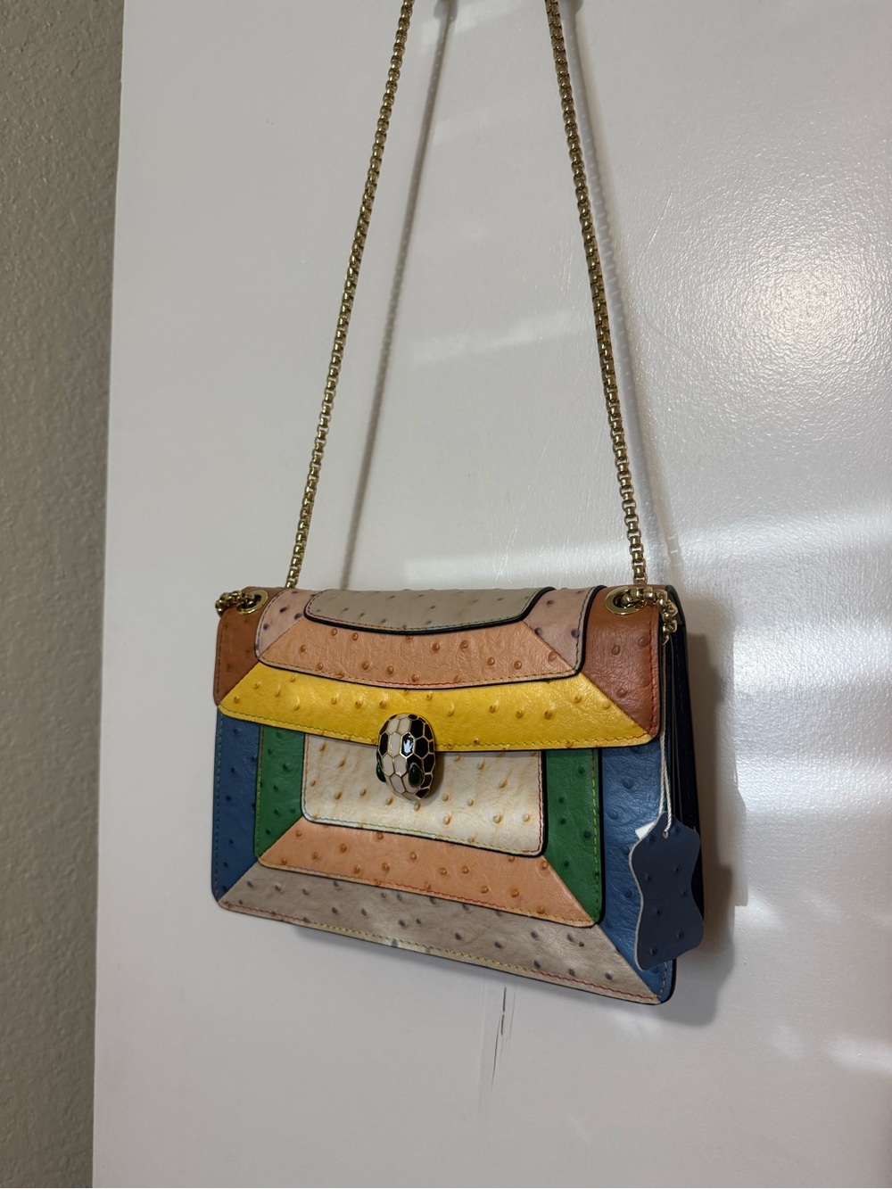 Multi-Color Patchwork Ostrich Leather Shoulder Bag with Gold Chain